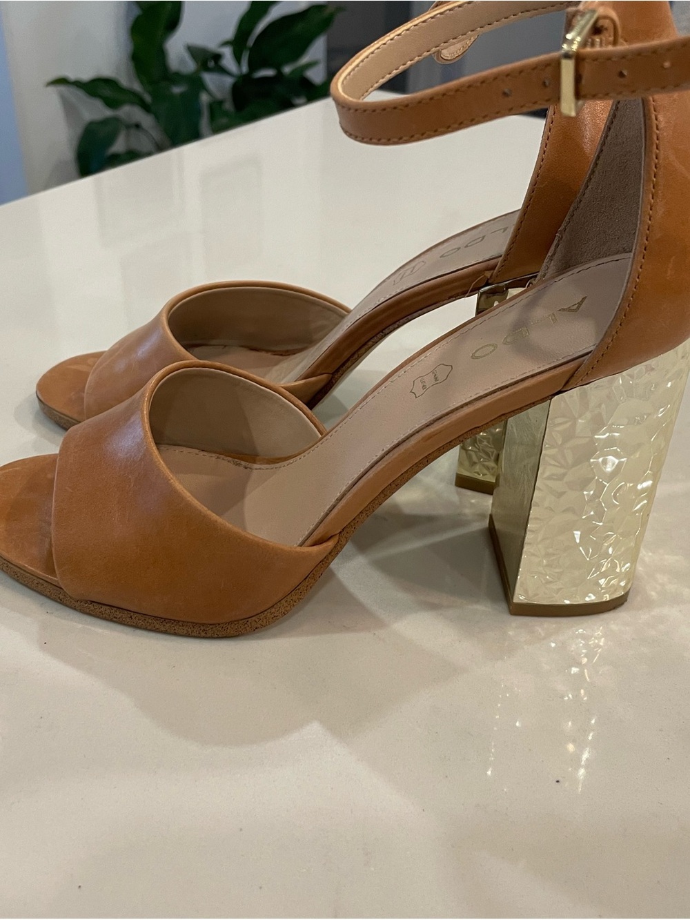 Aldo Tan Leather Block Heel Sandals with Gold Textured Heel
